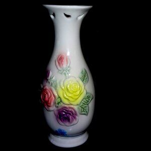VASE Porcelain Pink, Yellow and Lavender Flowers Blue Ribbon Design Surrounds